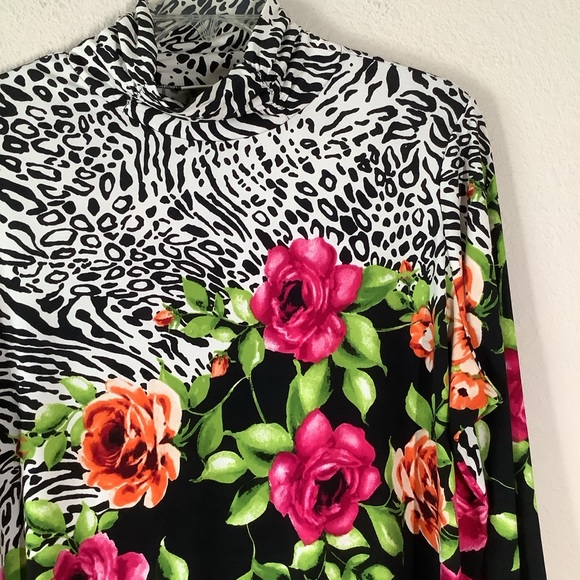 SUSAN GRAVER Liquid Knit Mock Neck Top Long Sleeve Mixed Print Stretchy Black 1X - Picture 3 of 10